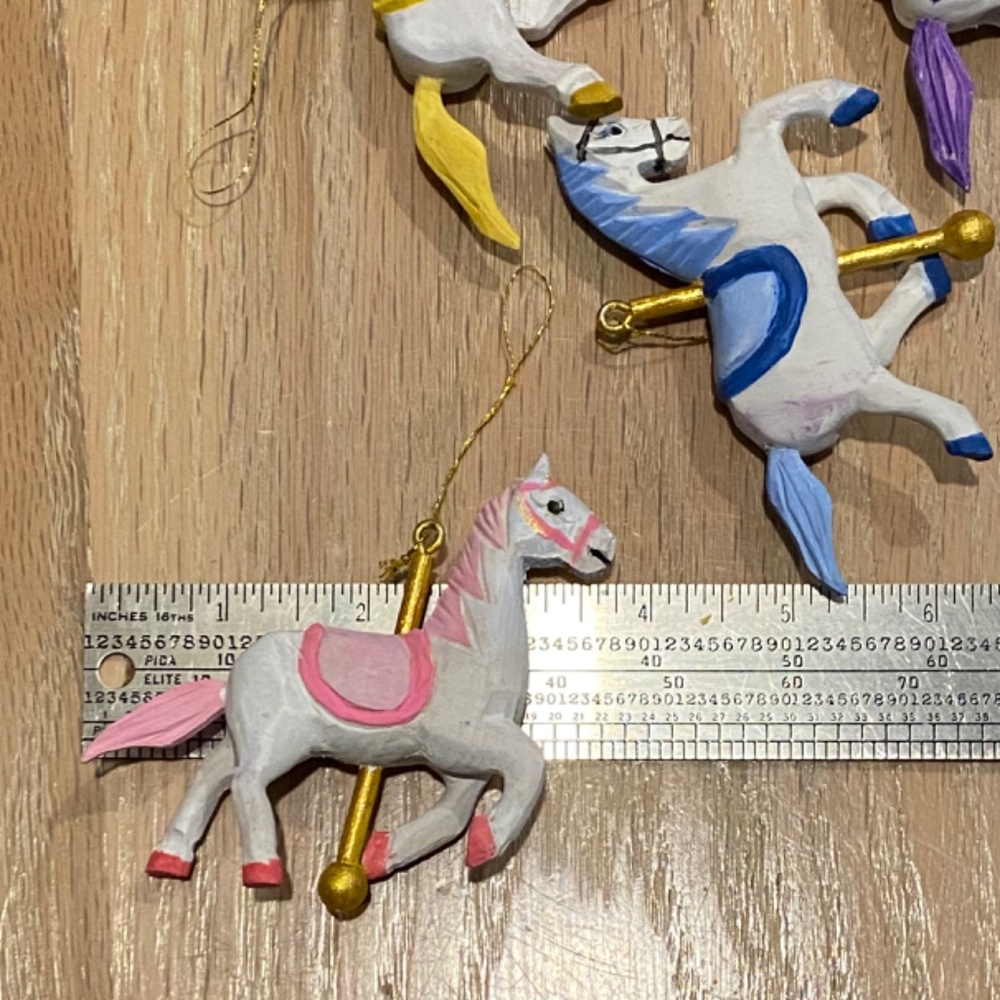 4 Carousel Horse Ornaments, Wood & Hand Painted, 13" Wire Stand, Nursery or Tree - Picture 8 of 16